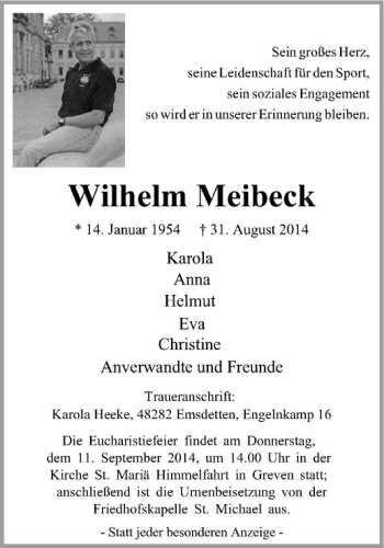 Todesanzeige von Wilhelm Meibeck von Westfälische Nachrichten