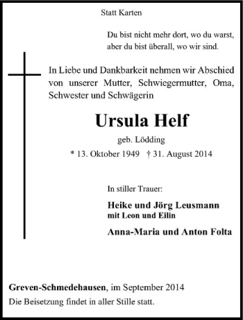 Todesanzeige von Ursula Helf von Westfälische Nachrichten
