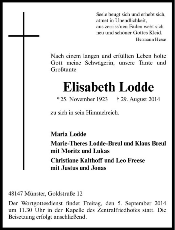Todesanzeige von Elisabeth Lodde von Westfälische Nachrichten