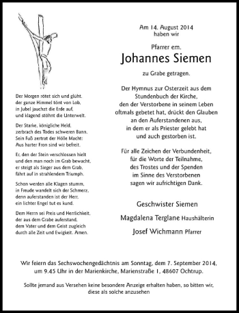 Todesanzeige von Johannes Siemen von Westfälische Nachrichten