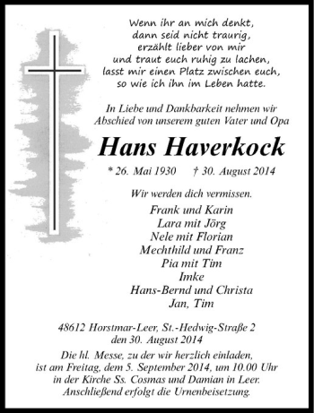 Todesanzeige von Hans Haverkock von Westfälische Nachrichten