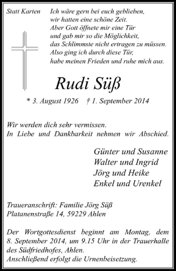 Todesanzeige von Rudi Süß von Westfälische Nachrichten