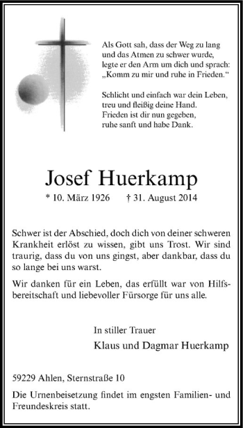 Todesanzeige von Josef Huerkamp von Westfälische Nachrichten