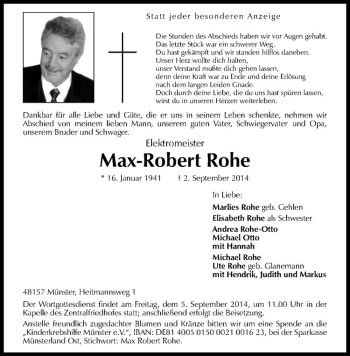 Todesanzeige von Max-Robert Rohe von Westfälische Nachrichten
