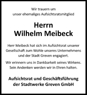 Todesanzeige von Wilhelm Meibeck von Westfälische Nachrichten