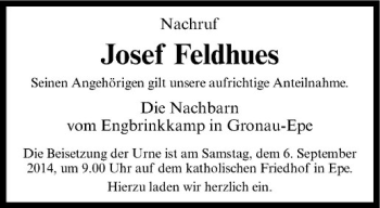 Todesanzeige von Josef Feldhaus von Westfälische Nachrichten