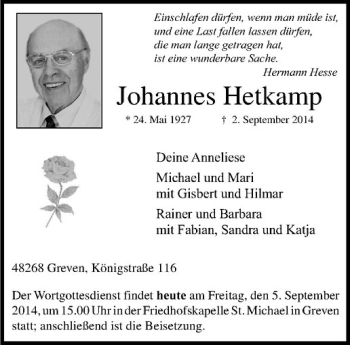 Todesanzeige von Johannes Hetkamp von Westfälische Nachrichten