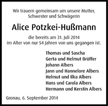Todesanzeige von Alice Potzkei-Hußmann von Westfälische Nachrichten