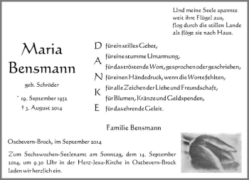 Todesanzeige von Maria Bensmann von Westfälische Nachrichten