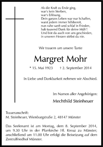 Todesanzeige von Margret Mohr von Westfälische Nachrichten
