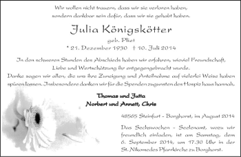 Todesanzeige von Julia Königskötter von Westfälische Nachrichten