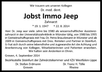 Todesanzeige von Jobst Immo Jeep von Westfälische Nachrichten