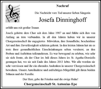 Todesanzeige von Josefa Dinninghoff von Westfälische Nachrichten