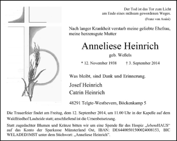Todesanzeige von Anneliese Heinrich von Westfälische Nachrichten