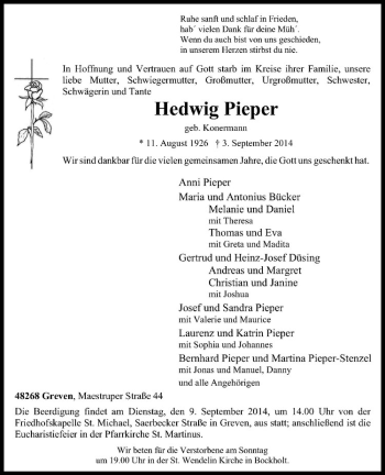 Todesanzeige von Hedwig Pieper von Westfälische Nachrichten