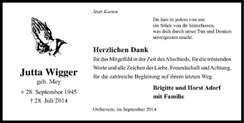 Todesanzeige von Jutta Wigger von Westfälische Nachrichten