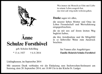 Todesanzeige von Änne Schulze Forsthövel von Westfälische Nachrichten