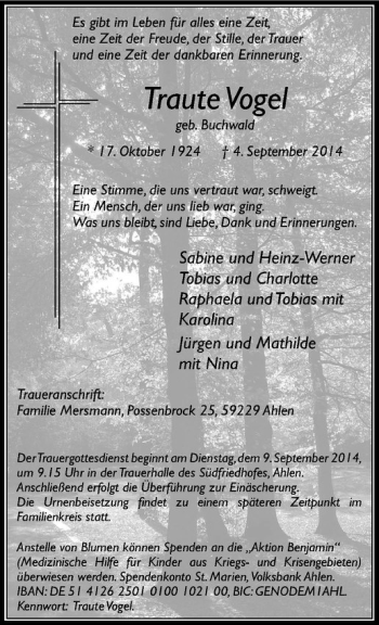 Todesanzeige von Traute Vogel von Westfälische Nachrichten