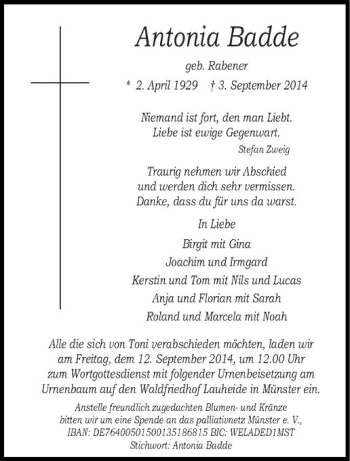 Todesanzeige von Antonia Badde von Westfälische Nachrichten