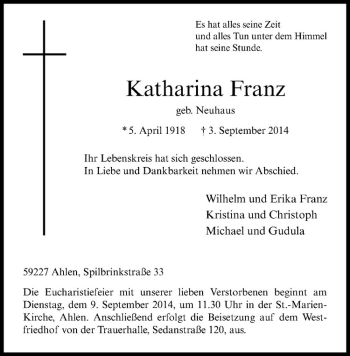 Todesanzeige von Katharina Franz von Westfälische Nachrichten