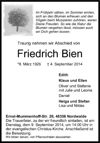 Todesanzeige von Friedrich Bien von Westfälische Nachrichten