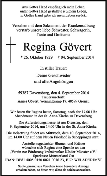 Todesanzeige von Regina Gövert von Westfälische Nachrichten