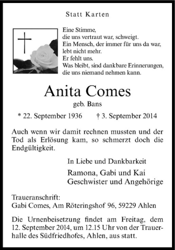 Todesanzeige von Anita Comes von Westfälische Nachrichten
