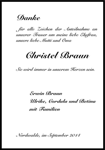 Todesanzeige von Christel Braun von Westfälische Nachrichten