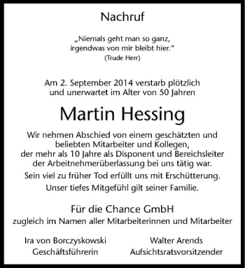 Todesanzeige von Martin Hessing von Westfälische Nachrichten