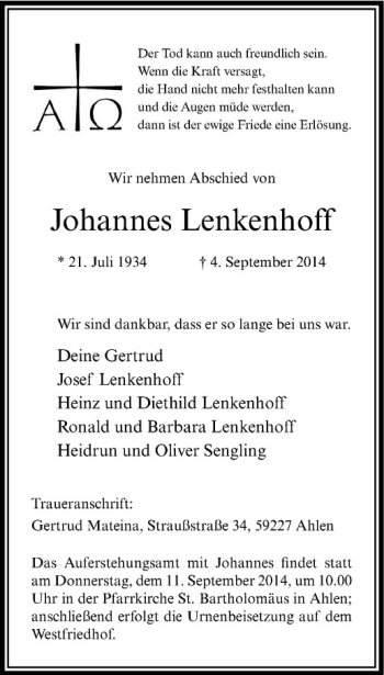 Todesanzeige von Johannes Lenkenhoff von Westfälische Nachrichten