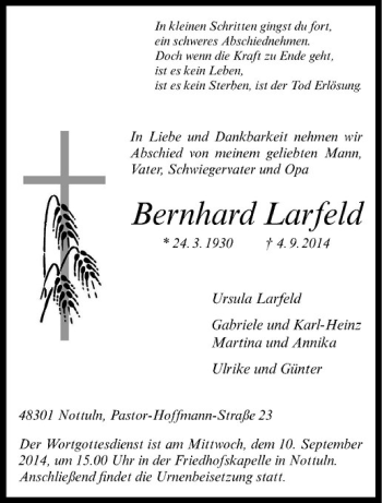Todesanzeige von Bernhard Larfeld von Westfälische Nachrichten