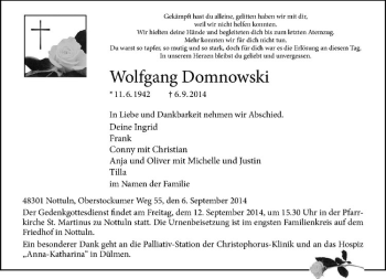 Todesanzeige von Wolfgang Domnowski von Westfälische Nachrichten