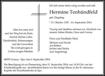 Todesanzeige von Hermine Tenhündfeld von Westfälische Nachrichten