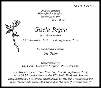 Todesanzeige von Gisela Pegau von Westfälische Nachrichten