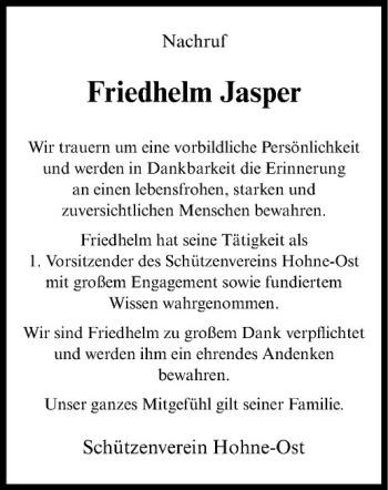 Todesanzeige von Friedhelm Jasper von Westfälische Nachrichten