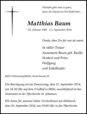 Todesanzeige von Matthias Baum von Westfälische Nachrichten