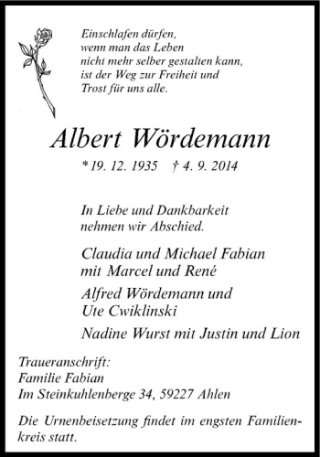 Todesanzeige von Albert Wördemann von Westfälische Nachrichten