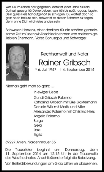 Todesanzeige von Rainer Gribsch von Westfälische Nachrichten