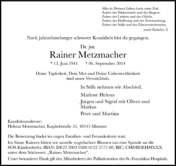 Todesanzeige von Rainer Metzmacher von Westfälische Nachrichten