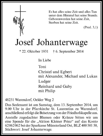 Todesanzeige von Josef Johanterwage von Westfälische Nachrichten