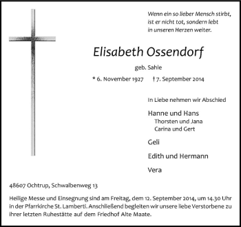 Todesanzeige von Elisabeth Ossendorf von Westfälische Nachrichten