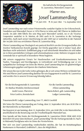 Todesanzeige von Josef Lammerding von Westfälische Nachrichten