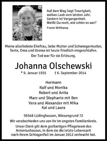Todesanzeige von Johanna Olschewski von Westfälische Nachrichten