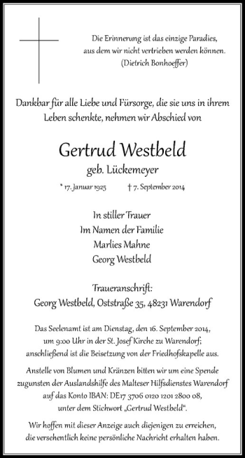Todesanzeige von Gertrud Westbeld von Westfälische Nachrichten