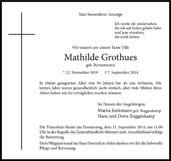 Todesanzeige von Mathilde Grothues von Westfälische Nachrichten
