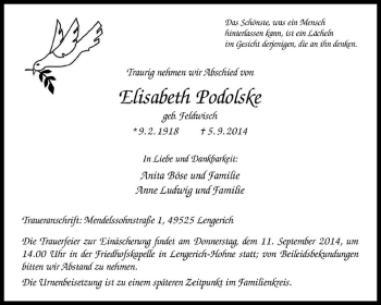 Todesanzeige von Elisabeth Podolske von Westfälische Nachrichten