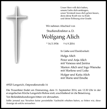 Todesanzeige von Wolfgang Alich von Westfälische Nachrichten