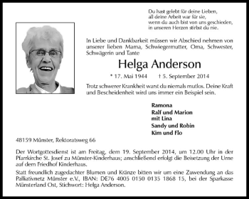 Todesanzeige von Helga Anderson von Westfälische Nachrichten