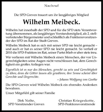 Todesanzeige von Wilhelm Meibeck von Westfälische Nachrichten