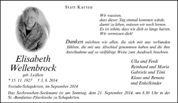 Todesanzeige von Elisabeth Wellenbrock von Westfälische Nachrichten